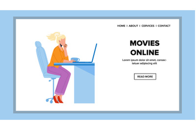Movies Online Watch Girl On Laptop Screen Vector