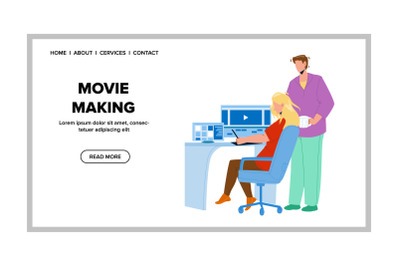 Movie Making Editor Team Couple On Computer Vector