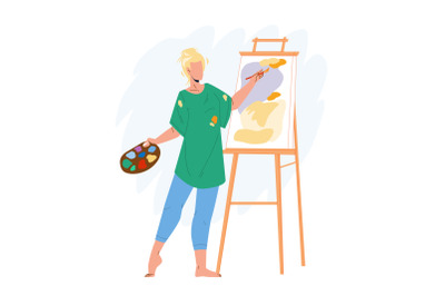 Artist Woman Painting Picture On Canvas Vector