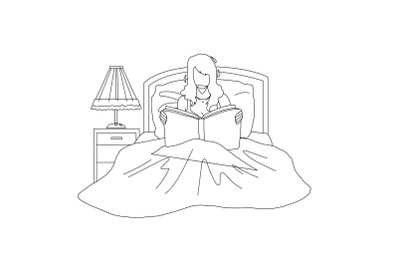 Woman Read Book In Bedroom Before Bedtime Vector