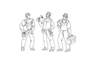 Builders With Building Equipment And Plan Vector