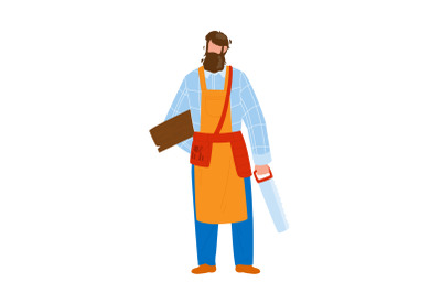 Carpenter Holding Saw And Wooden Board Vector