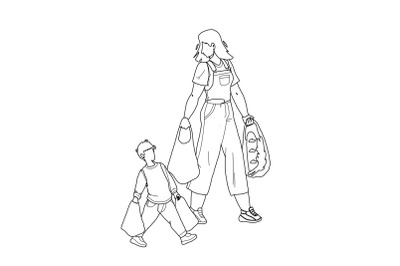 Children Etiquette Help To Adult Carry Bags Vector