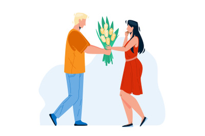 Boy Presenting Flowers To Girl With Love Vector