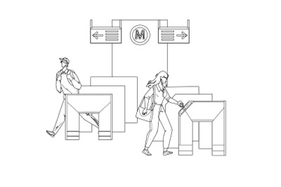 Entry Metro People Pass Through Turnstiles Vector