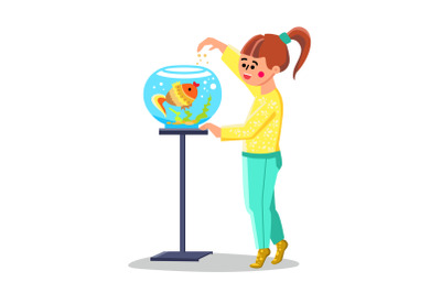 Little Girl Feed Fish In Fishbowl Aquarium Vector