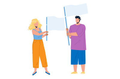 Flag Holding Boy And Girl Couple On Protest Vector