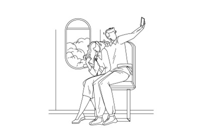 Couple Make Flight Selfie On Phone Camera Vector