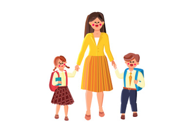 Go To School, Woman Lead Pupil Boy And Girl Vector