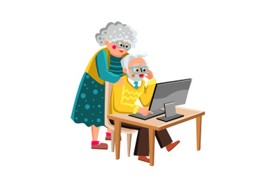 Grandma And Grandpa Working On Computer Vector