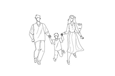 Healthy Family Walking Together Outdoor Vector Illustration