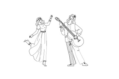 Hippie Couple Dancing And Playing On Guitar Vector