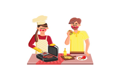 Indoor Grill Fry Meat Girl And Boy Together Vector