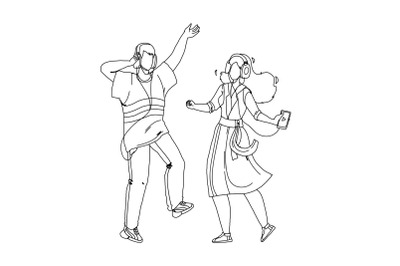 People Couple Listening Music And Dancing Vector