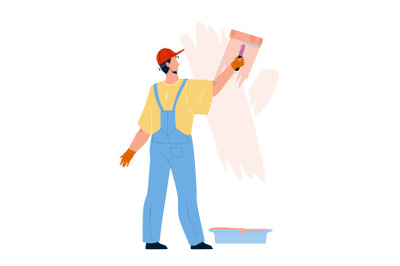 Painter Man Painting Wall With Roller Tool Vector