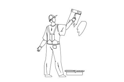 Painter Man Painting Wall With Roller Tool Vector