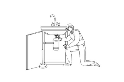 Plumber In Working Overall Fixing Sink Vector