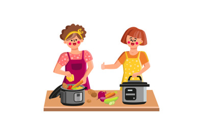 Pressure Cooker Cooking Women On Kitchen Vector