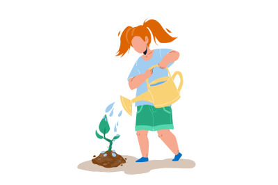 Sapling Planting And Watering Girl Child Vector