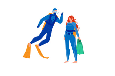 Scuba Diver Man And Woman Togetherness Vector