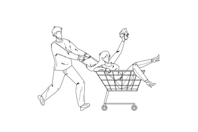 In Shopping Cart Transport Carry Boy Woman Vector