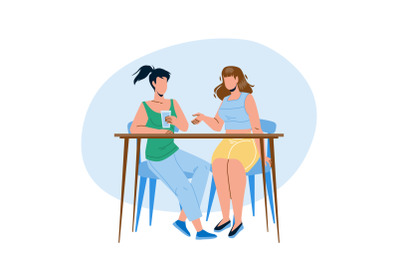 Girls Sitting At Table And Talking Together Vector