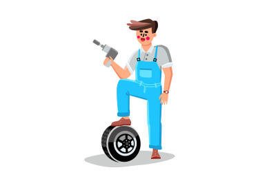 Tire Change Garage Car Service Worker Man Vector