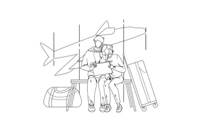 Couple Waiting Flight In Airport Terminal Vector