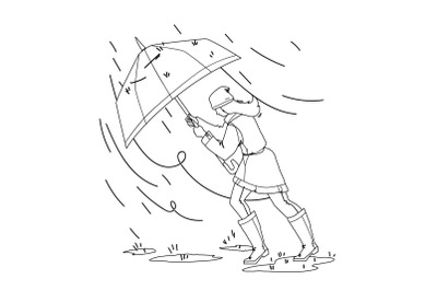 Weather Rain Day Walking Girl With Umbrella Vector