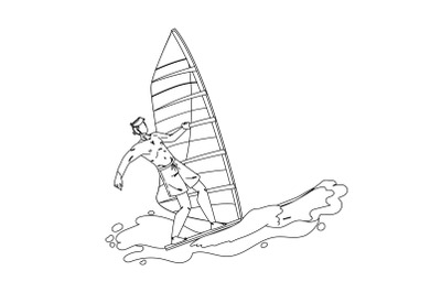 Windsurfing Man Surfer Athlete On Wavy Sea Vector