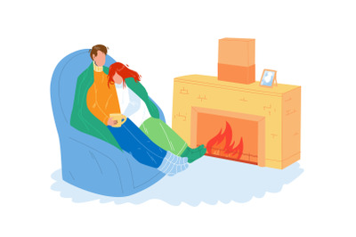 Winter Rest Couple Together Near Fireplace Vector