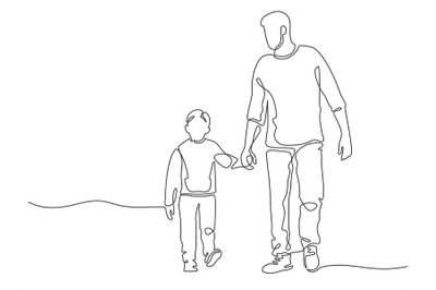 One line father. Dad walking with son. Fatherhood poster with man and