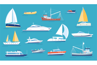 Yachts and sailboats. Small sea transport, motorboat and fishing ship.