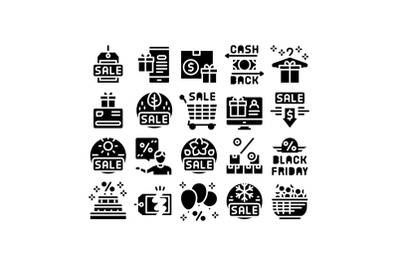 Cost Reduction Sale Glyph Set Vector Illustration