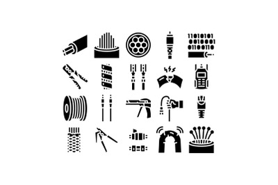 Optical Fiber Cable Glyph Set Vector Illustration