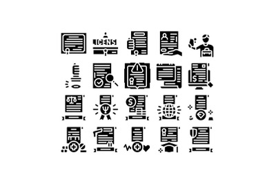 License Certificate Glyph Set Vector Illustration