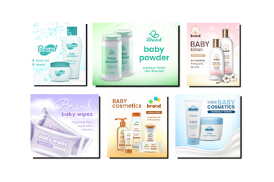 Baby Cosmetics Promotional Posters Set Vector