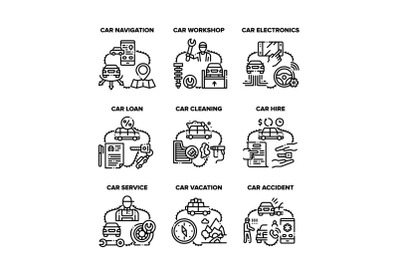 Car Repair Service Set Icons Vector Black Illustration