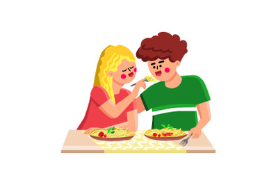 Pasta Meal Eating Boy And Girl Together Vector