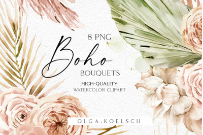 Watercolor boho dried flower clipart,  Palm boho roses bouquets png