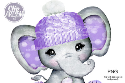 Cute Baby Girl Elephant with Beanie Purple winter hat PNG