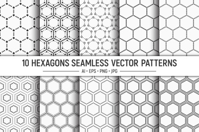 10 dotted hexagons geometric seamless vector patterns
