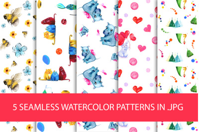 Seamless watercolor patterns with funny characters