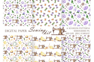 Sewing seamless pattern, digital paper.  Watercolor. Embroidery