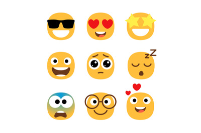 Flat emoticons faces. Simple happy and funny, cartoon smile set, wonde