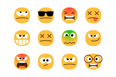 Anger emoticons. Angry emoji set, shocked and resentful, suspicious an