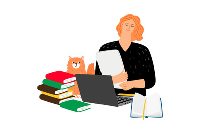 Student with cat and books