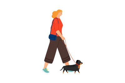 Female character walking dachshund