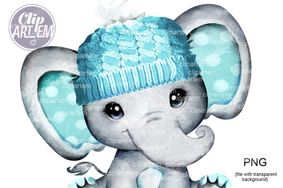 Cute Turquoise Elephant in Winter Hat, unisex, watercolor PNG