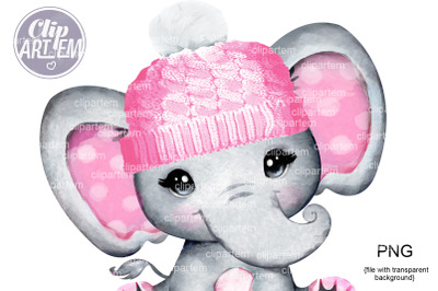 Cute Pink Hat Girl Elephant,  watercolor PNG images